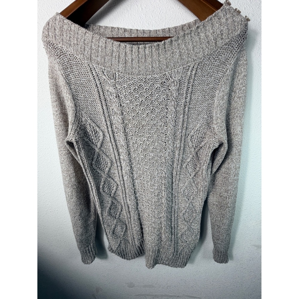 New York & Company Women Sweater Beige L Cable Knit Boat Neck off the shoulder